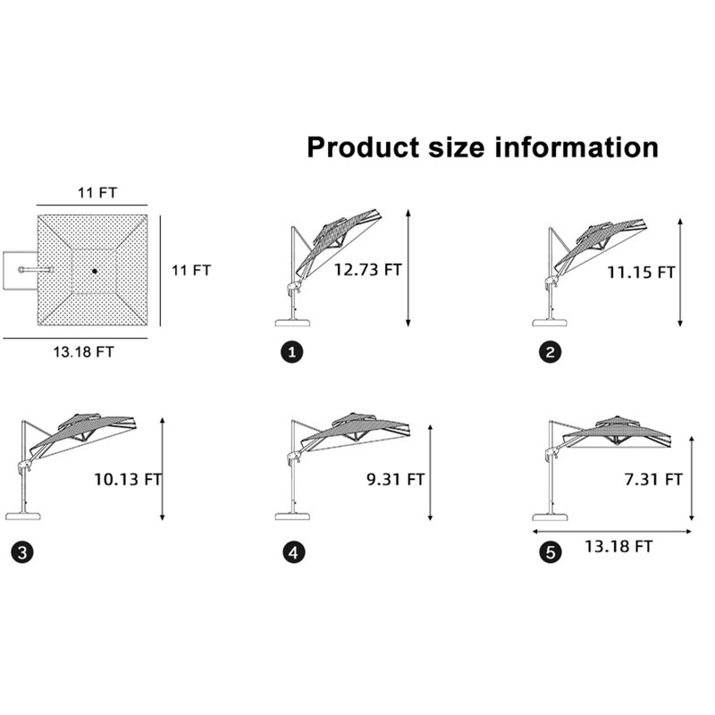 11' Square Cantilever Umbrella with Base and Soft 12 Colours Changing Light for Umbrella, Grey