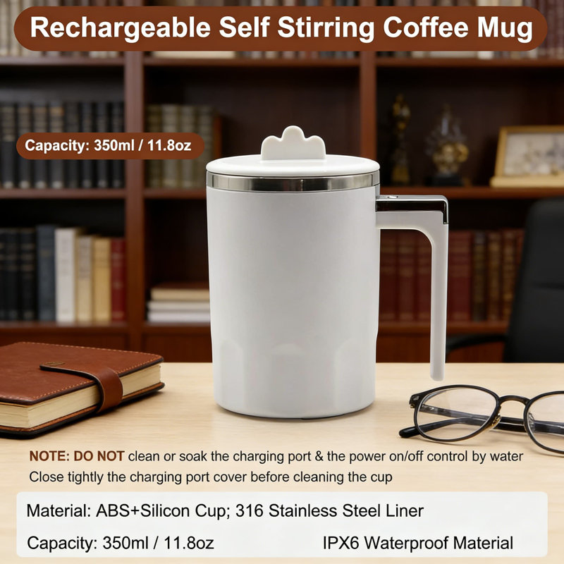 Tasse rechargeable à agitation automatique avec couvercle, tasse à mélange magnétique automatique pour le café, le thé, le lait et les boissons protéinées, alimentée par USB et facile à nettoyer