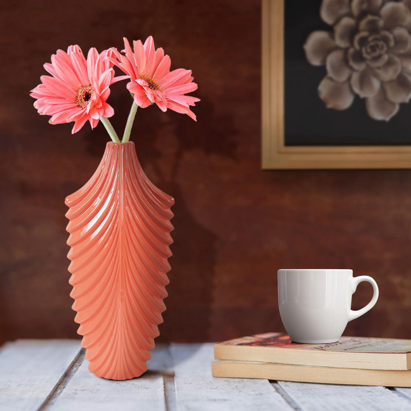Niclas Hand Finished Glossy Coral Textured Ceramic Vase, 15" H x 7" W x 3.5" D