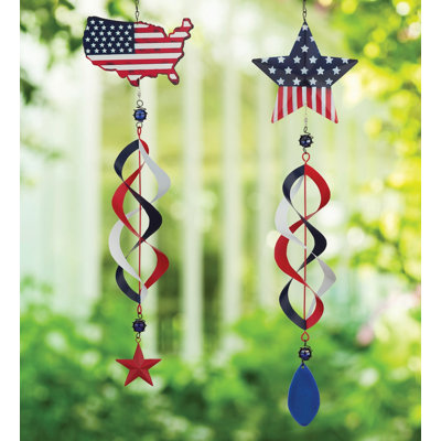 30 Inch Americana Hanging Kinetic Wind Spinner Yard Art Décor Set of Two - Stars and Stripes