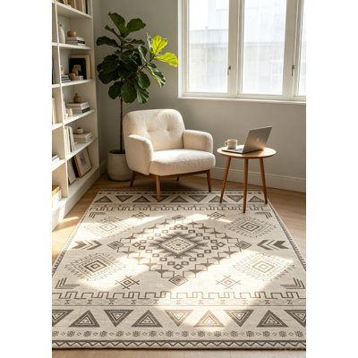 5x7 ft Western Boho Geometric Area Rug for Bedroom Dining Room | Southwestern Tribal Warm Grey Low Pile Print Rug for Living Room, Washable Non-Slip Rubber Backing