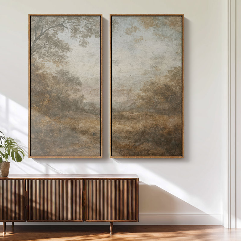 Soft Earth-Tone Landscape - Set of 2 Framed Wall Art Print on Canvas 60"x20"x2pcs, 60"x30"x2pcs, 60" H x 30" W, Natural