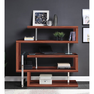 Fascinant bureau d'écriture moderne en verre trempé et en métal transparent brillant, 4 tablettes pour l'organisation, pivotant à 360 °, 2 roulettes