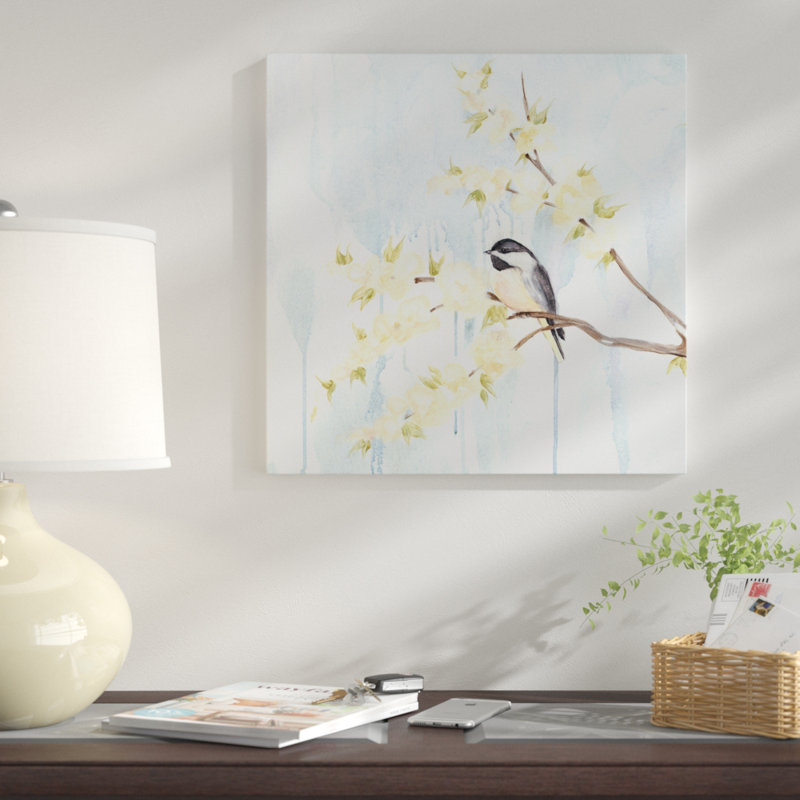 « spring chickadeess i », impression sur toile, H 12 po x l 12 po x P 1,5 po, Toile tendue, Pas de tapis