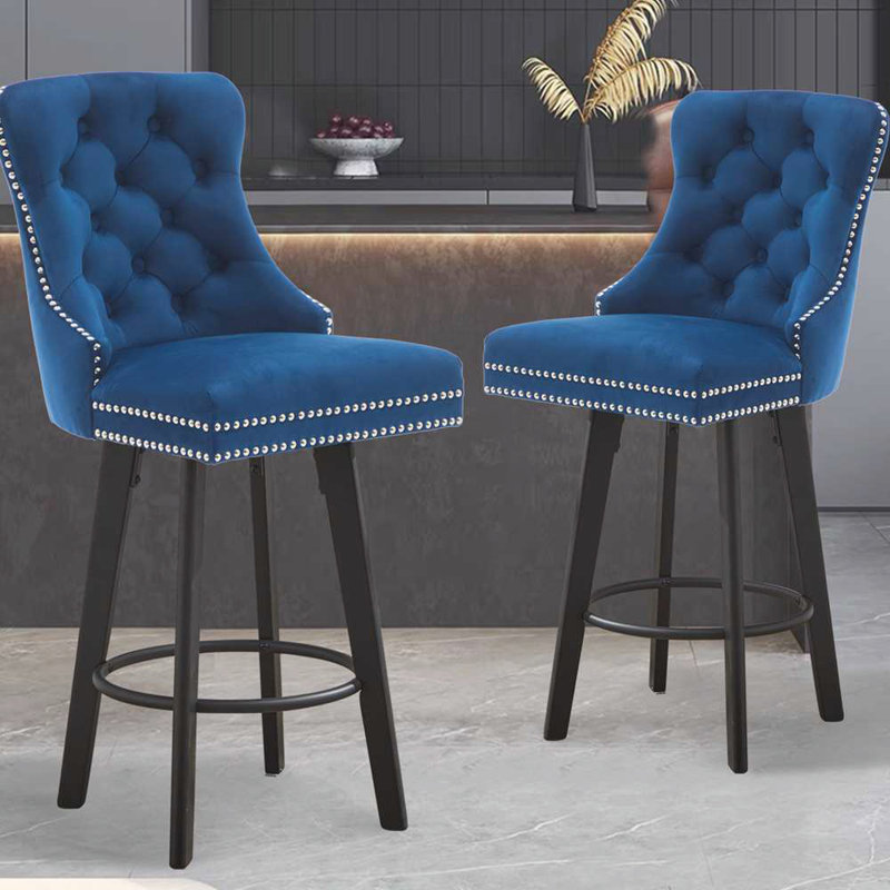 Modern  Swivel Bar Stools Velvet Barstools Button Tufted Bar Stools Rivet Trim Bar Stools for Kitchen Island,Bistro, with Metal Pull Ring Sturdy Footrest Large Backrest for Home Bar