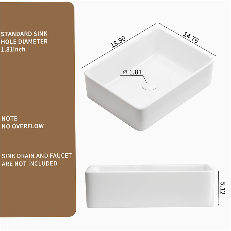 Vessel Sink Rectangle 19 Inch Bathroom Sink,Rectangular Modern Above Counter Bathroom Sinks White 19x15 Inch Porcelain Ceramic Vessel Vanity Sink Art Basin