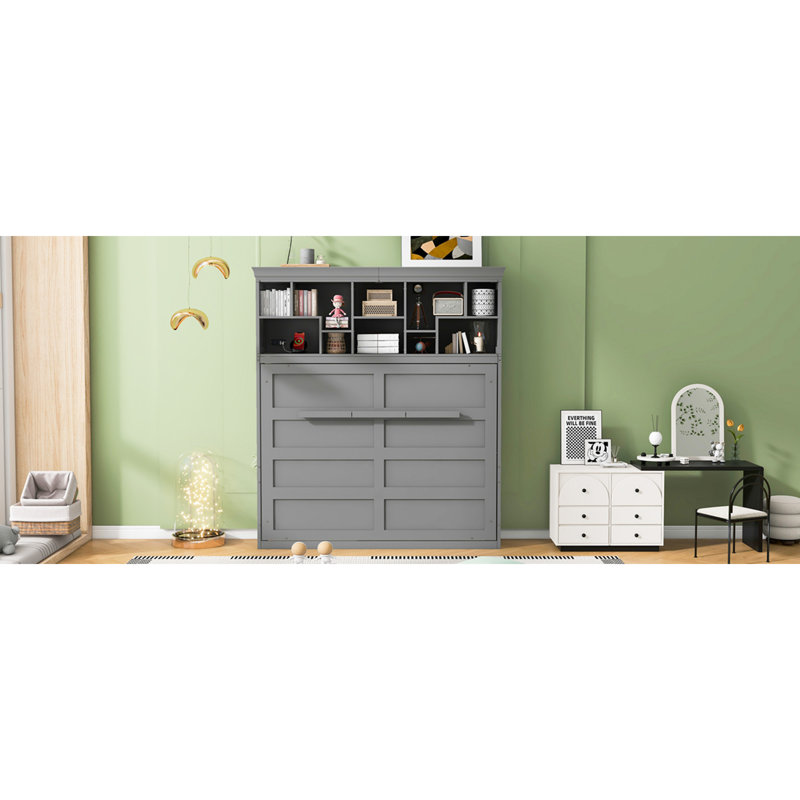 Grand lit escamotable mural avec tablettes supérieures et USB, Gris