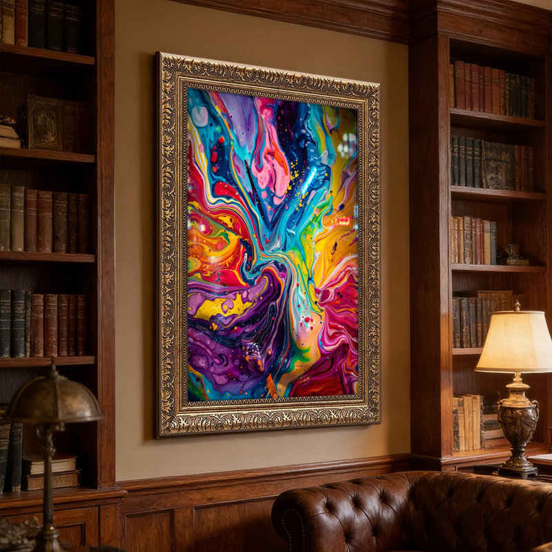 Art mural en toile noyer doré encadré pour le salon, la chambre à coucher, le bureau ou le vestibule - décoration murale décorative avec abstrait coloré