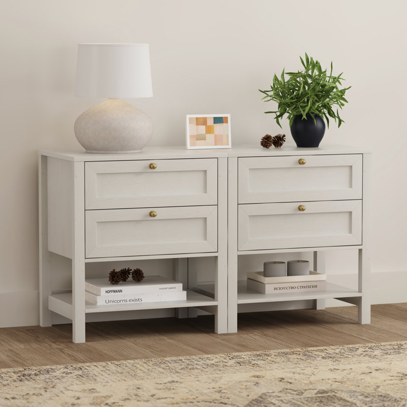 Table de chevet en bois avec 2 tiroirs et tablette (ensemble de 2), Blanc antique