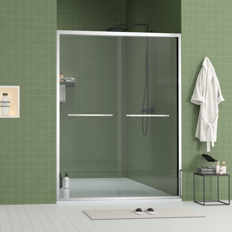 60" Wide And 70" High Aluminum Frame Bypass Bathroom Sliding Door With Double Handle As Towel Rail, - Crash Angle, Mute Rollers, Easy To Install 56 Adjustable Width 8Mm & Tempered Glass, Stainless