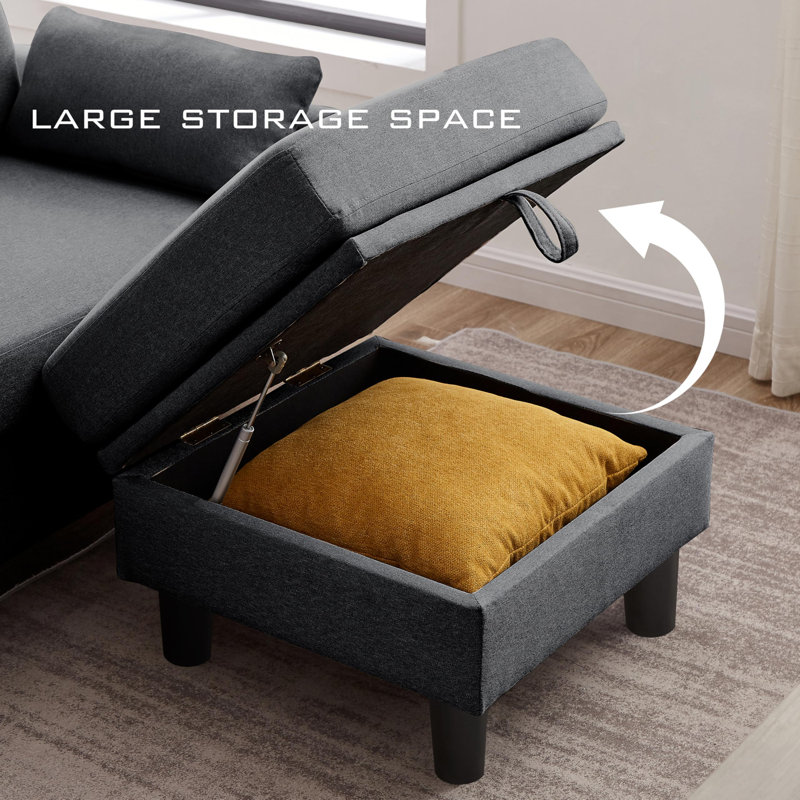 Canapé de 102,4 po de largeur avec repose-pieds et banc long avec table basse, Mélange de polyester gris foncé