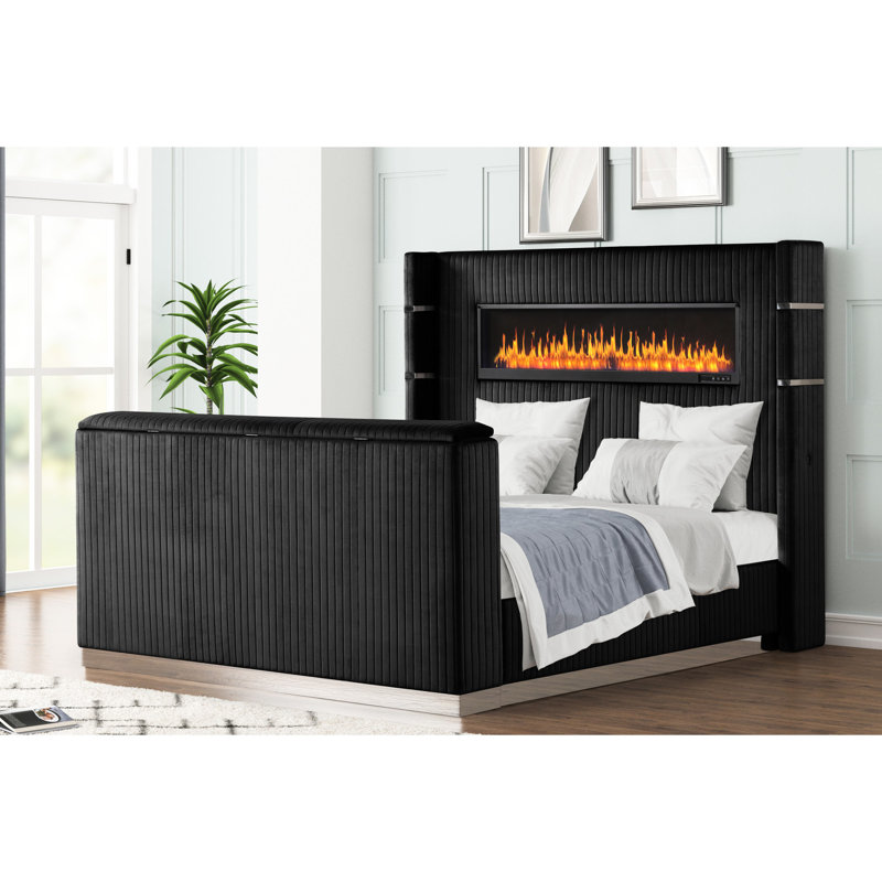 Luxueux grand lit avec tête de foyer pratique et meuble télé dans un superbe style noir, Noir