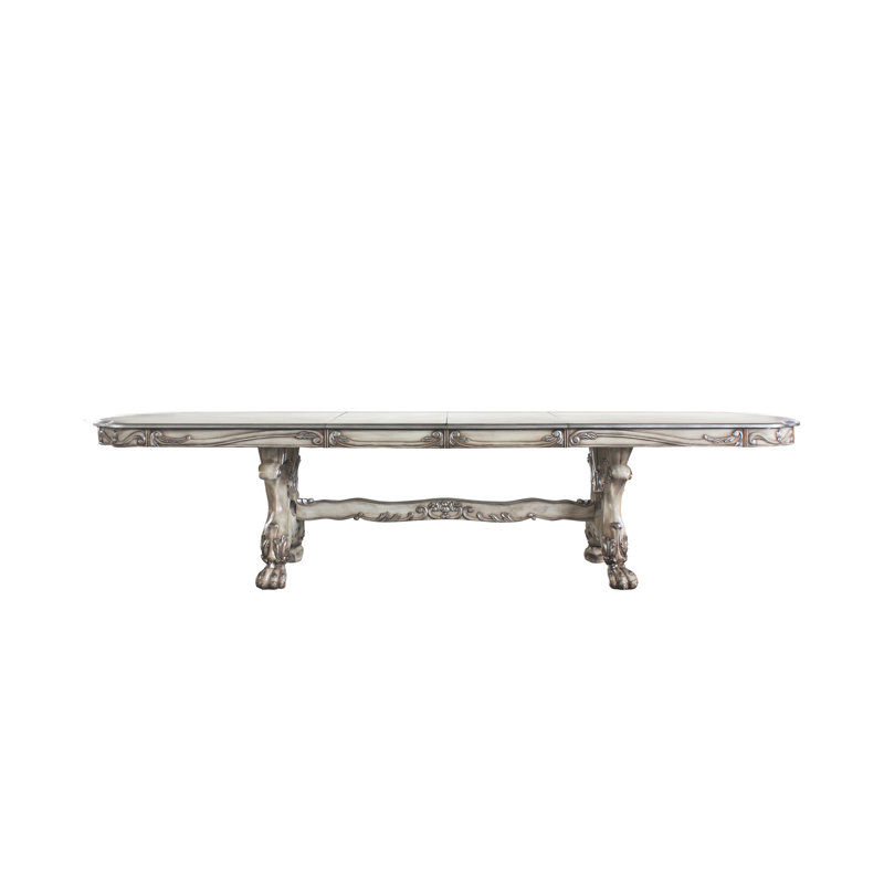 Table de salle à manger extensible rectangulaire rétro avec finition antique, motifs floraux surélevés, plateau en bois massif, base à tréteaux, pieds à griffes, 2 rallonges de 21 po, profondeur 46, largeur 136, hauteur 31, poids 291 lb
