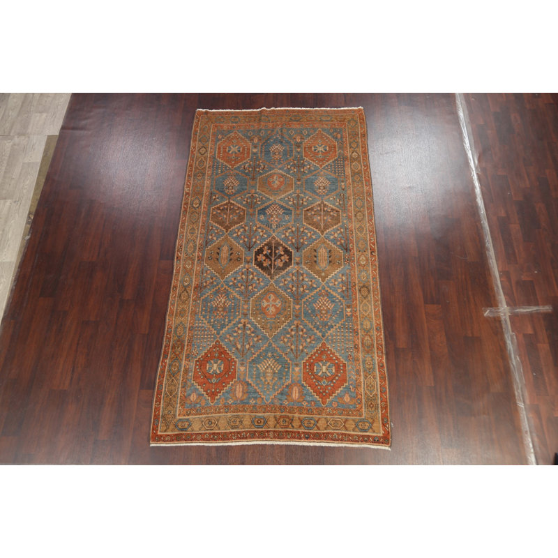 Tapis bleu en laine noué à la main de conception unique 5 pi 2 po x 9 pi 7 po Neah