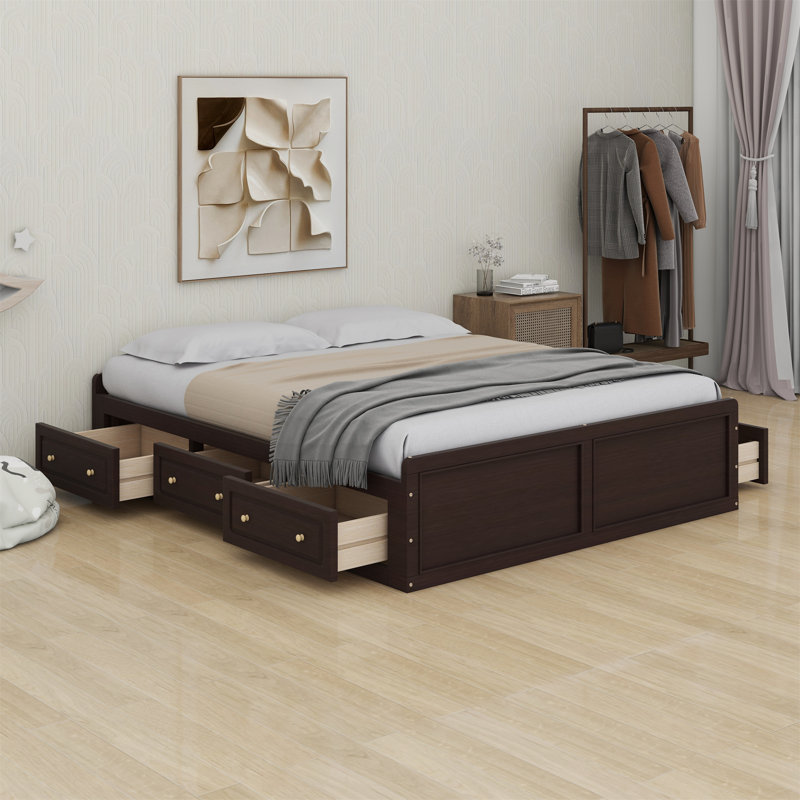 Structure de lit plateforme en bois avec 6 tiroirs, Espresso