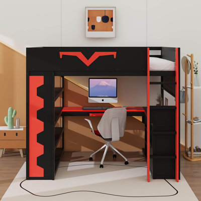 Loft Bed With Desk & RGB LED Lights, Pro-Gamer Bed With Power Outlet, Bookshelf, Pegboard, Keyboard Tray & Storage Drawer