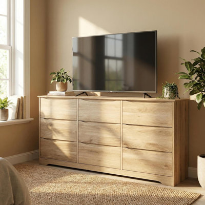 Commode haute 9 tiroirs en bois, commode de rangement moderne avec plateau large, naturel