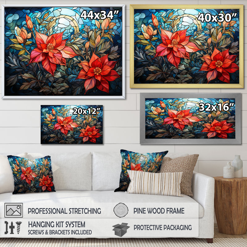«Poinsettia Flower», impression sur toile encadrée, Cadre flottant noir, H 34 po x l 44 po x P 1,5 po