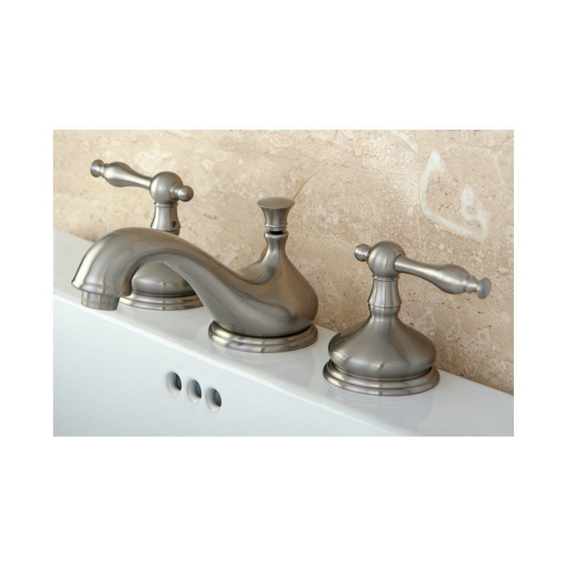 Kingston Brass Heritage Two-Handle 3-Hole Deck Mount Widespread Bathroom Faucet with Brass Pop-Up Drain, Brushed Nickel