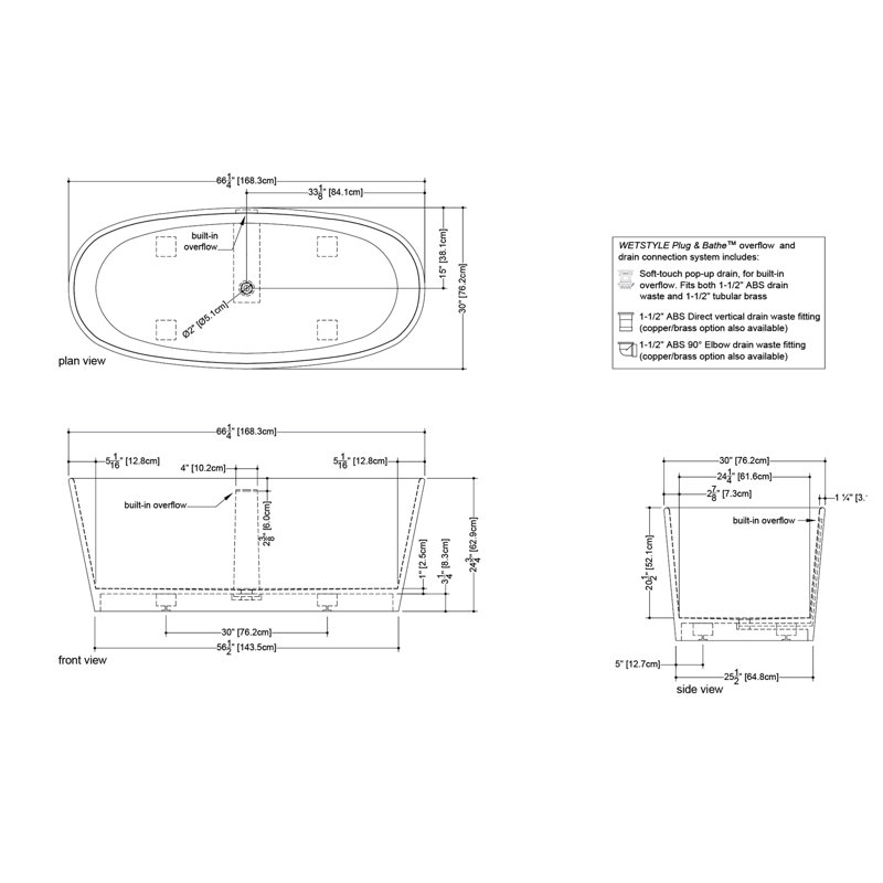 Ove 66.25'' L Soaking Bathtub