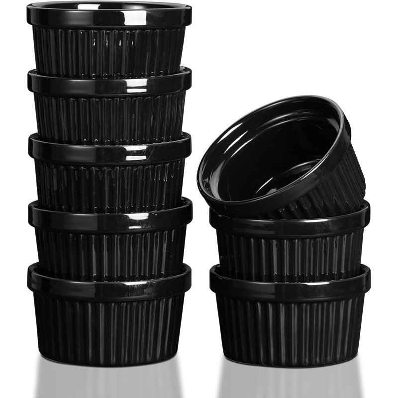 Lot de 8 ramequins en porcelaine de 240 ml (8 oz) – Plats empilables et compatibles four pour soufflés et crèmes brûlées – Coupes à crème et bols à dessert pour la pâtisserie, les amuse-gueules et les dips – Noir