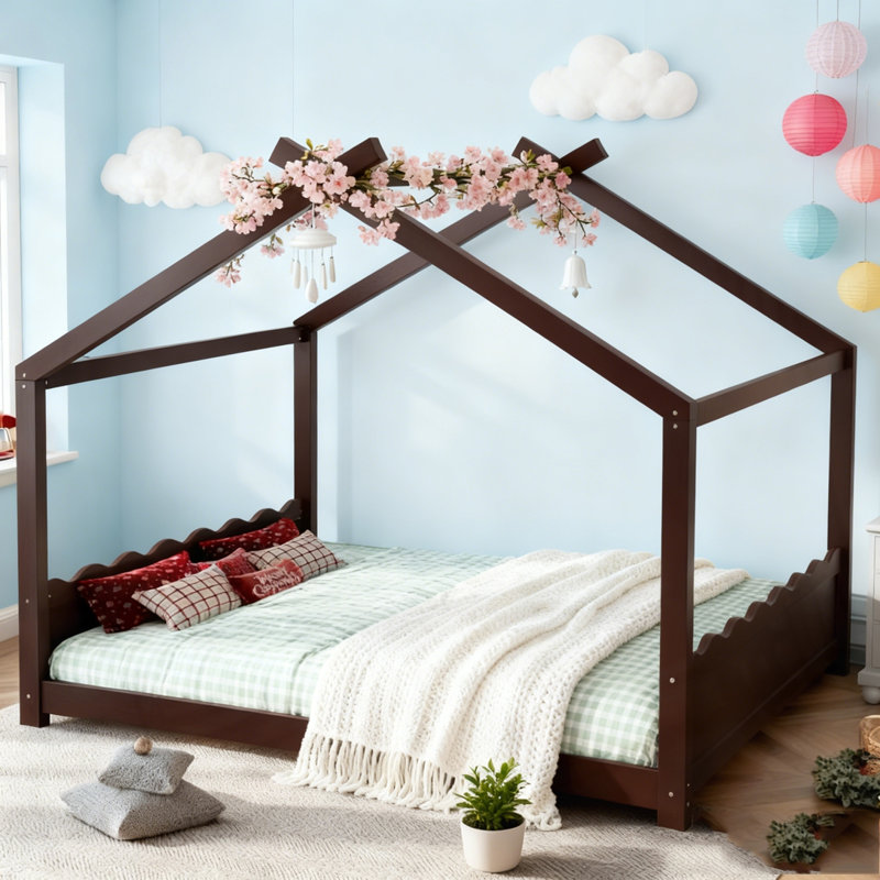 Lit de maison avec lattes de soutien, cadre de lit en bois massif pour enfants, aucun sommier et ouverture, Lit simple
