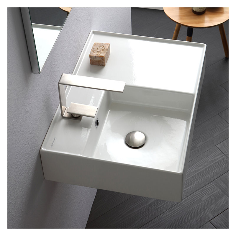 Scarabeo By Nameeks Teorema 17.32'' Bright White Ceramic Rectangular Vessel, Wall Mount Bathroom Sink with Overflow
