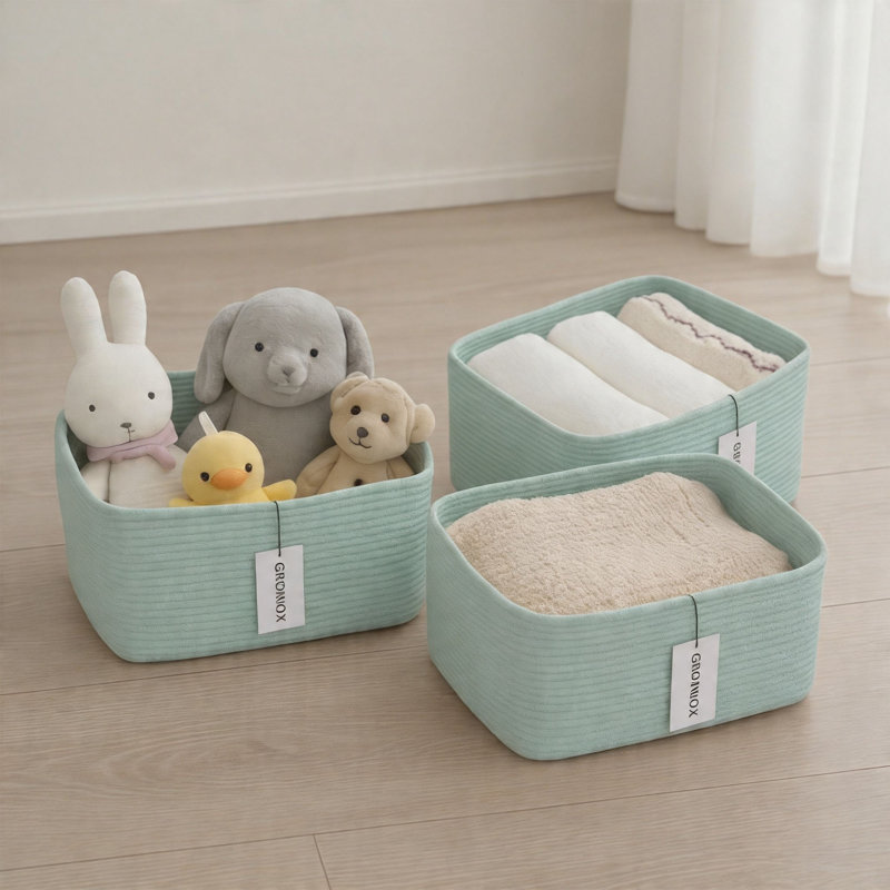  3-Piece Cotton Rope Storage Basket Set, Rectangular Woven Shelf Bins with Handles, Green