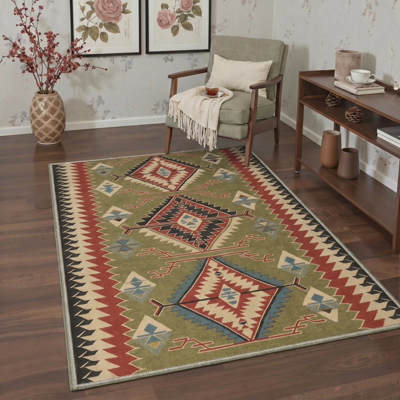 Abrahamson Bohème Geometric Machine Washable Red / Black / Beige Indoor Area Rug with Non-Slip Backing, Rectangle 5' x 7'