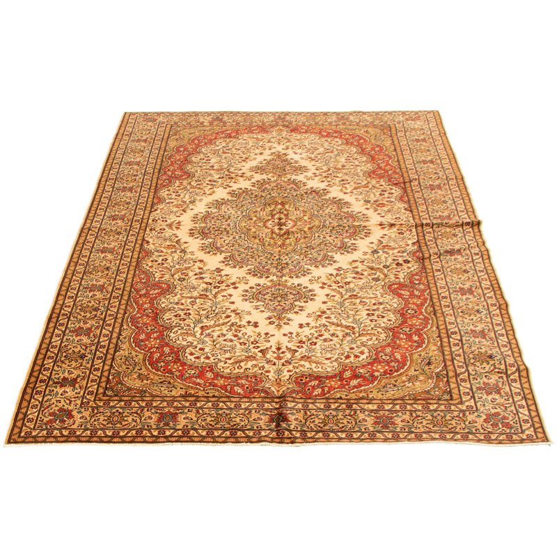 Tapis unique noué à la main style années 1990 de 6 pi 5 po x 9 pi 10 po Flude - jaune / brun / crème