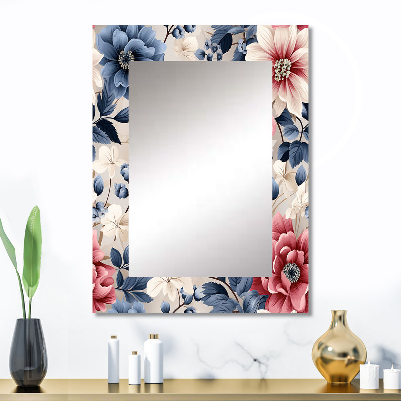 Motif de fleurs de ferme rose et bleu Brailon - miroir mural floral, miroir décoratif de chalet, impression d'art en métal