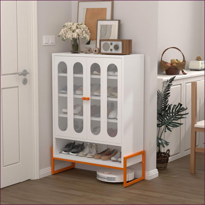 Shoe Cabinets: Modern Double Door with Adjustable Shelves, Robot Vacuum Accessible | Metal | Off-White