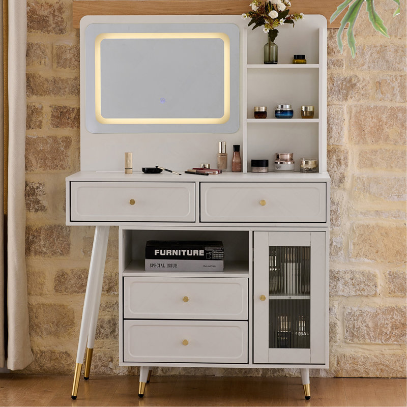 Modern Makeup Vanity Desk With Mirror And Lights, Retractable Dressing Table With Drawers And Cabinet, Compact Makeup Table Set With Power Outlet For Bedroom