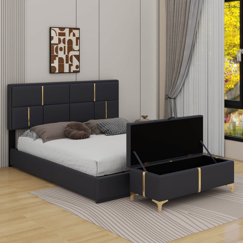Ensemble de chambre à coucher 2 pièces, grand lit plateforme tapissier avec système de rangement hydraulique, Noir