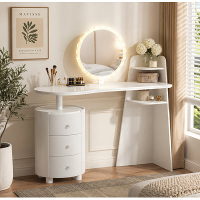 Modern Makeup Vanity Desk with Crystal Mirror and Lights, Make up Vanity Table with Curved Cabinet and Shelf for Bedroom, White