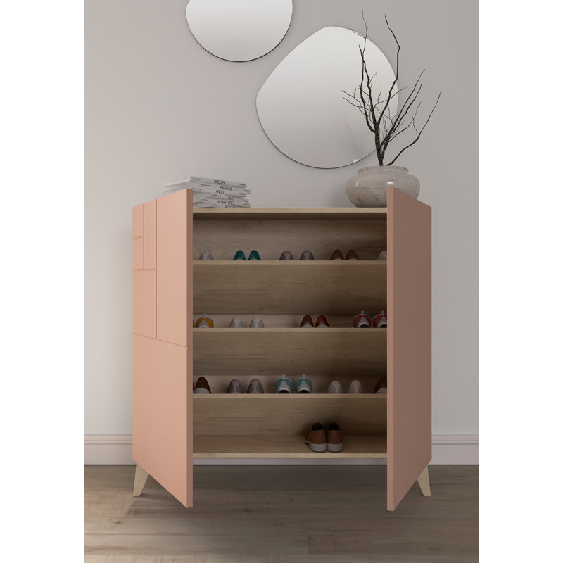 12 Pair Shoe Storage Cabinet, Light Oak/Pink