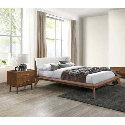 Chambre à coucher 3 pièces, format Queen, style moderne du milieu du siècle, couleur noyer, tissu bouclé, pieds fuselés et inclinés, 2 tables de chevet, poignées en nickel, serrure à insert, système d'inclinaison, verrouillage, matelas prêt à l'emploi