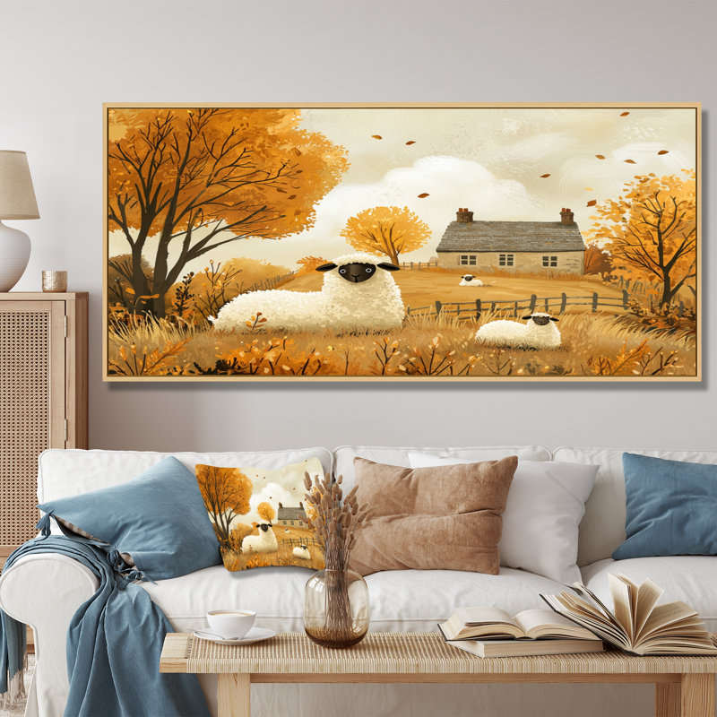 Dumitru Sheep Farmyard Friends in Autumn - Sheep Wall Art, H 28 po x l 60 po, Impression encadrée flottante, Crème, crème
