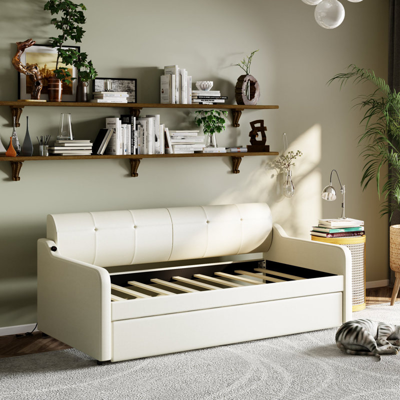 Upholstered Daybed with Trundle Bed, Beige