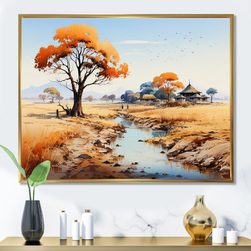 «Orange Orange Beige, Village africain, Visions I», reproduction sur toile, H 34 po x l 44 po x P 1,5 po, Cadre flottant doré