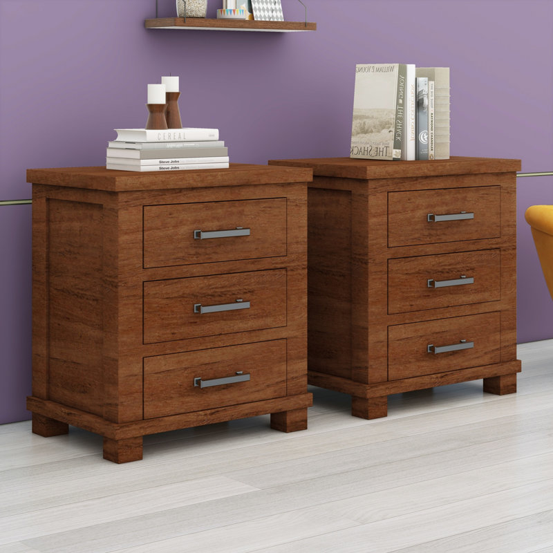 Ensemble de table de chevet rustique en bois massif à trois tiroirs Rustic