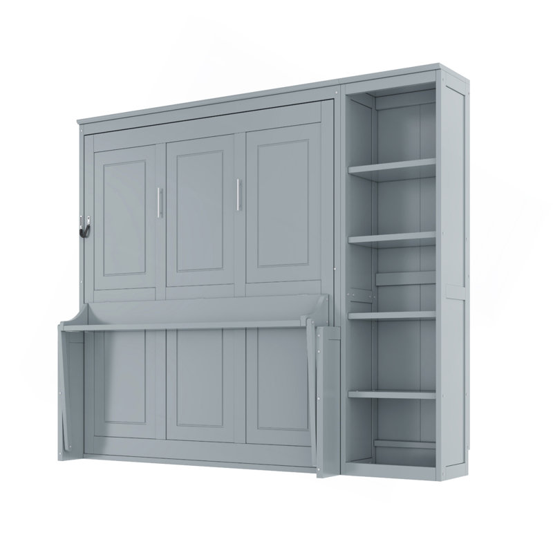 Lit escamotable avec bureau et bibliothèque Murphy, Gris, Lit double
