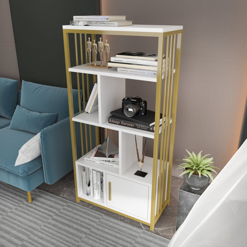4-Tier Modern Bookcase Bookshelf with a Cabinet, White, Gold