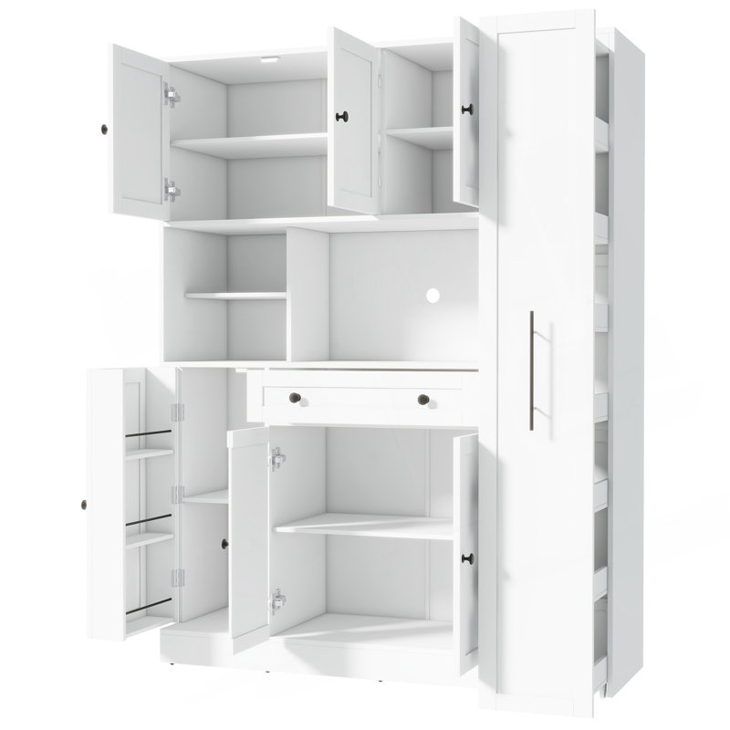Buffet de cuisine autoportant avec huche, grande armoire de rangement, armoire latérale coulissante et tablettes réglables pour les cuisines modernes