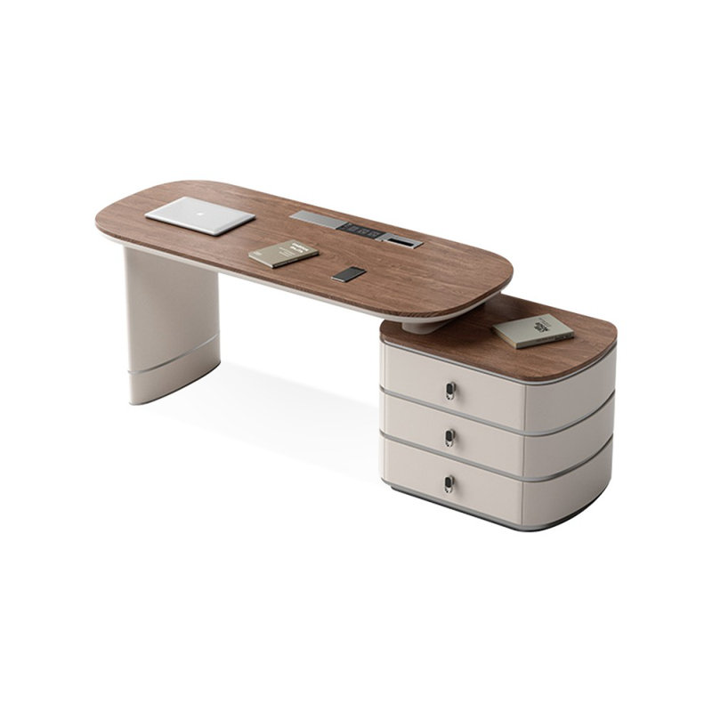 Bureau rectangulaire en noyer massif + bois manufacturé avec 3 tiroirs, H 29,53 po x l 55,12 po x P 27,56 po, Retour à droite