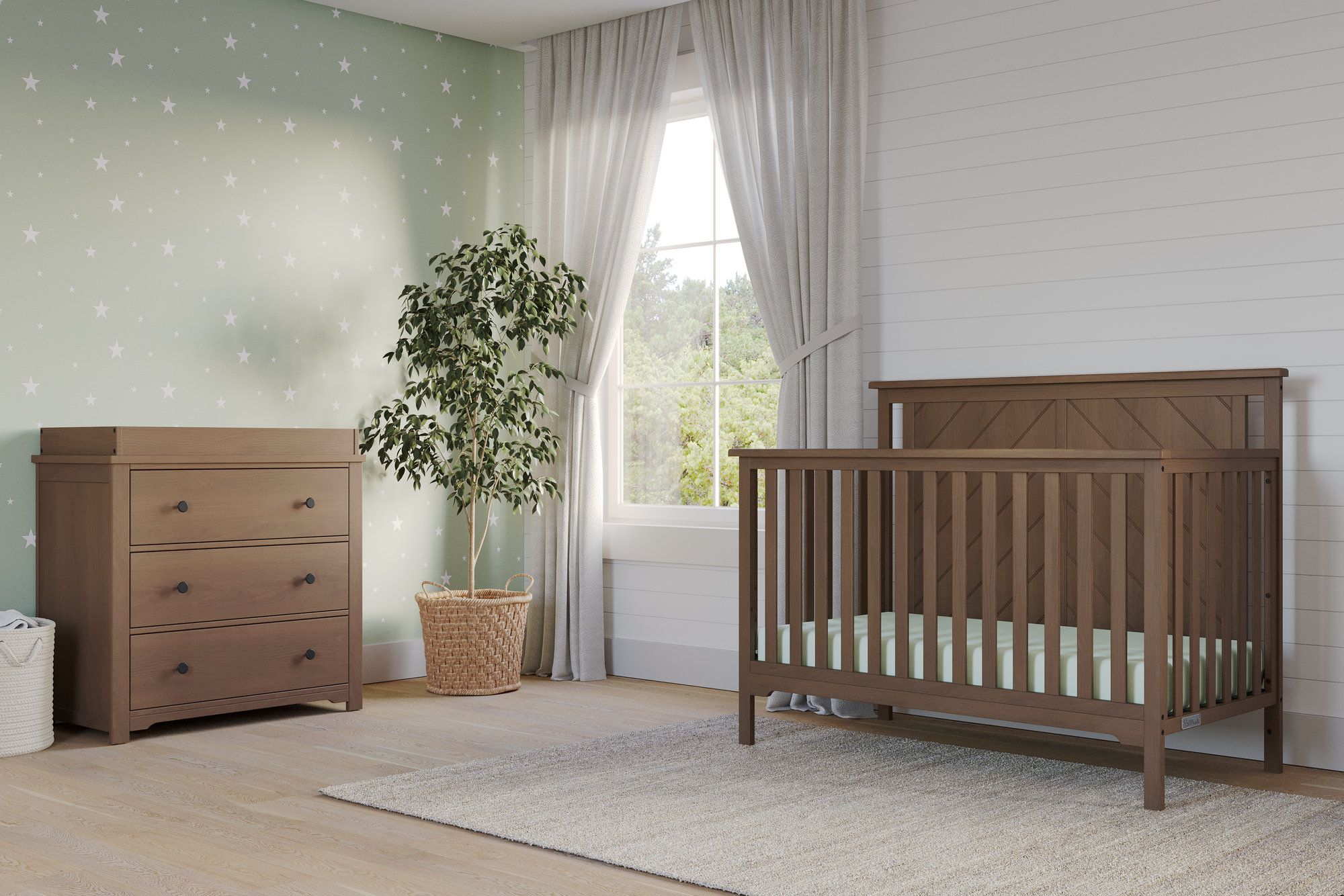 Nursery Furniture Convertible Crib Set Mid-Century Crib Set With 6-Drawer  Dresser Changing Tray In