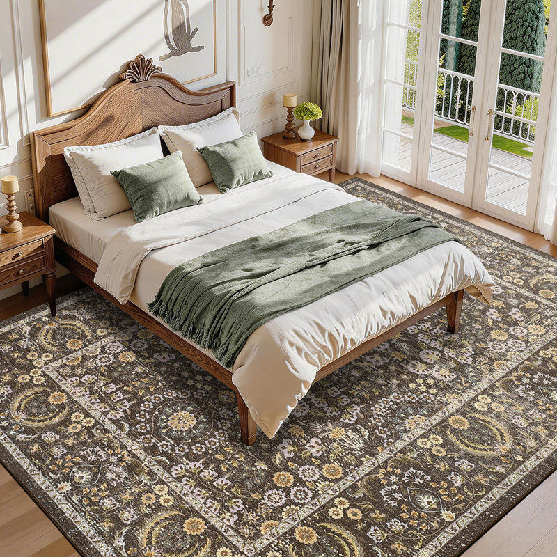 9x12 ft Vintage Washable Area Rug for Living Room - Traditional Boho Riverside Floral Pattern Carpet. Cut Velvet Pile. Non-Slip TPR Back. Machine Washable. Brown Coffee