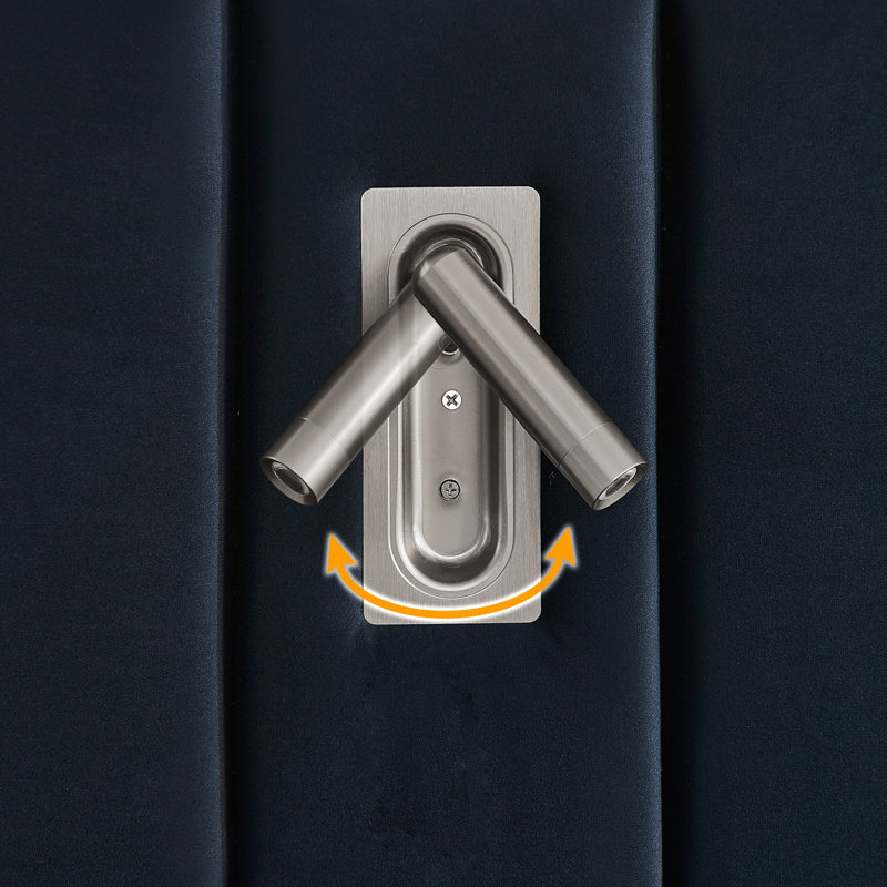 Structure de lit tapissier grand format avec tissu en velours, boutons et lampe de chevet réglable, Bleu foncé, Queen