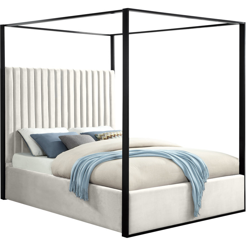 Tessa Upholstered Metal Canopy Bed, Cream Velvet, King