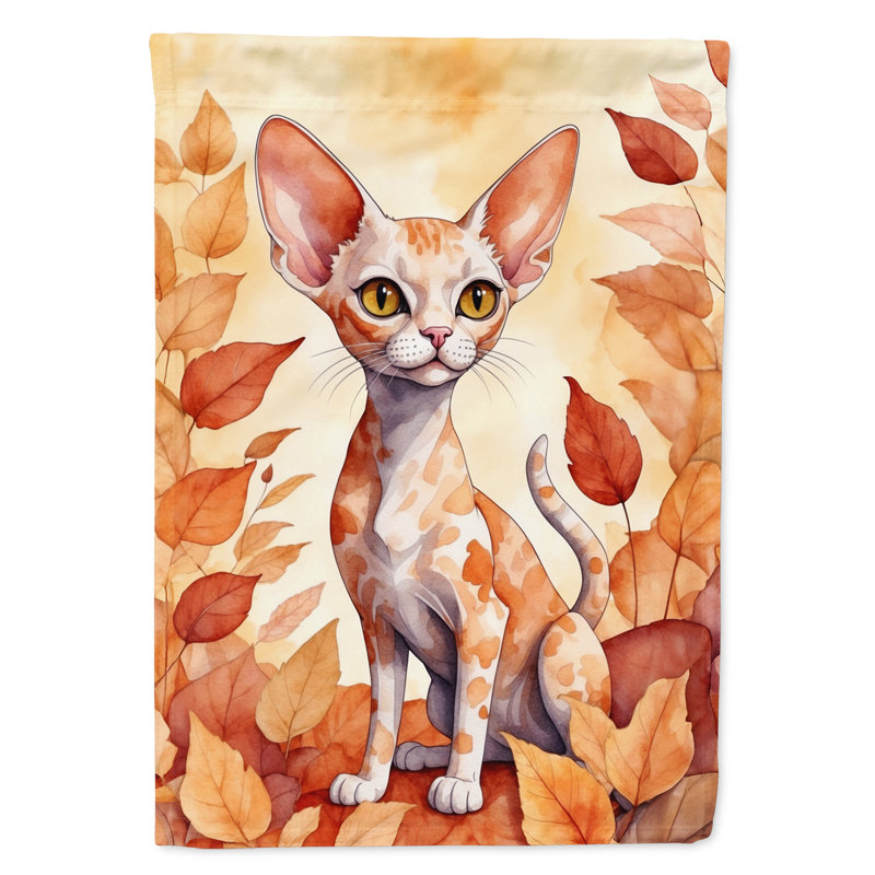 Cat in Fall Leaves Garden Flag, Devon Rex